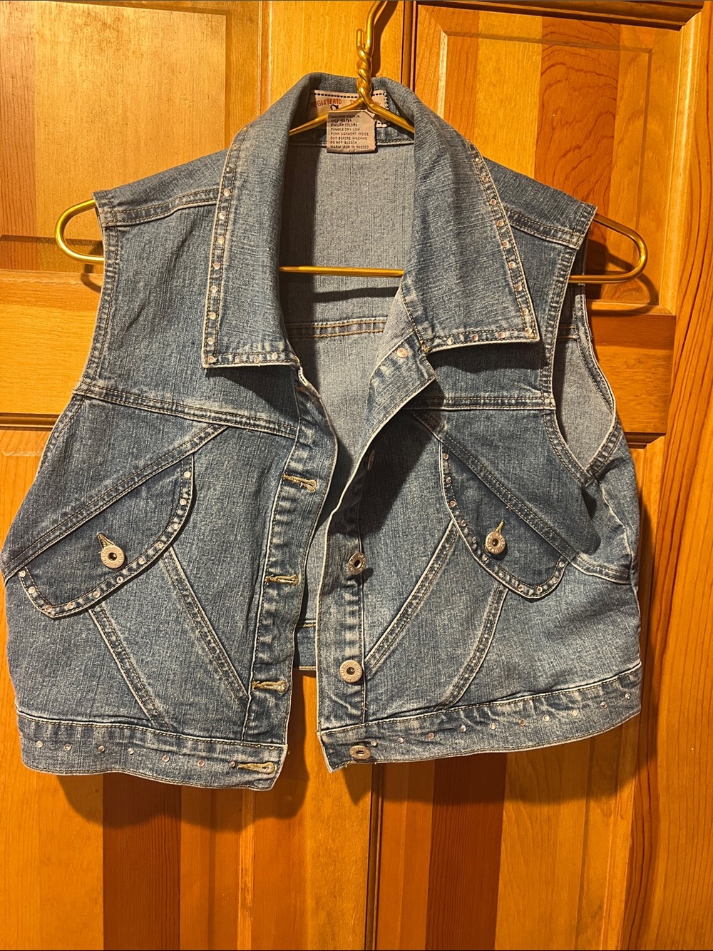Defuze  Light Blue Denim Vest with Button Flap Pockets rhinestone edging